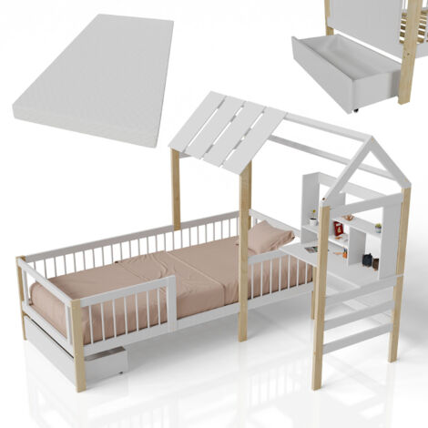 Juskys Lit bébé Yari - Bureau intégré, tiroir pratique, cadre en pin massif, facile d'entretien, avec matelas - blanc/naturel