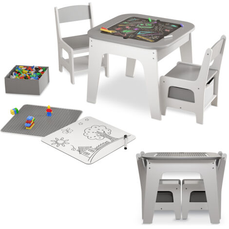 Groupe de sièges pour enfants Juskys Milou - Ensemble de 2 chaises et 1 table - Table pour enfants en bois - Table de jeu avec rangement - Ensemble de sièges pour enfants, table à dessin - Gris