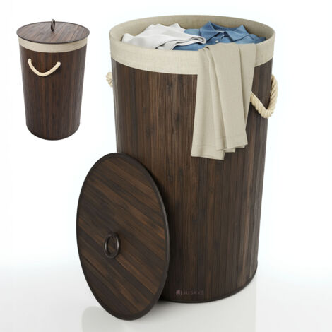 Juskys Panier à linge en bambou Curly-Round – Capacité de 55 litres – Corbeille à linge avec couvercle, poignées de transport et sac en tissu – 1 compartiment – en brun
