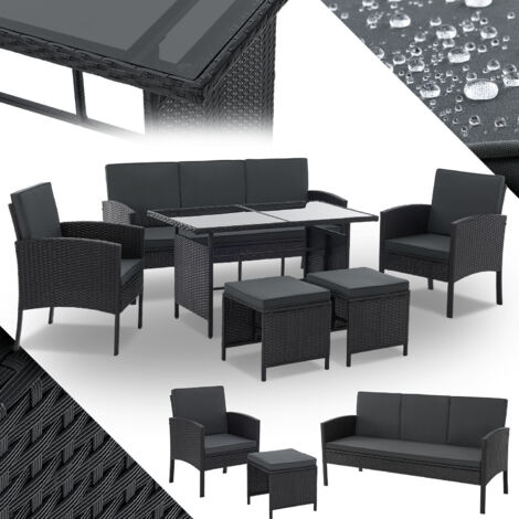 Juskys – Salon de jardin en polyrattan 6 pièces – 7 places avec coussins – Table en verre trempé – Mobilier lounge noir