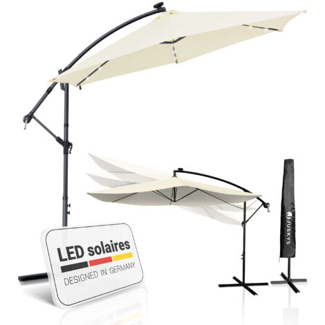 Juskys Parasol à bras Brésil 300 cm gris / crème – avec éclairage LED solaire et manivelle – protection UV, imperméable, pliable – parasol de marché