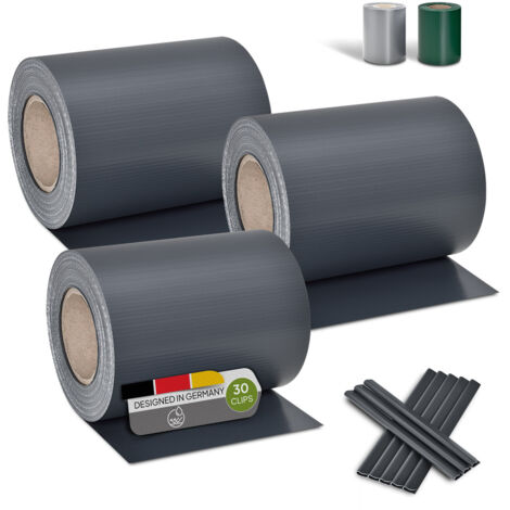 Juskys Bande de protection en PVC pour clôture à double barres – lot de 3, 3 rouleaux de 35 m x 19 cm – clips de fixation – film de clôture pare-vent – anthracite