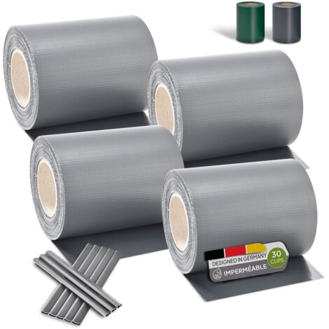 Juskys Bande de protection PVC pour clôture à mailles doubles, lot de 4 - 4 rouleaux de 35 m x 19 cm - clips de fixation - film de clôture pour intimité et protection contre le vent – gris clair