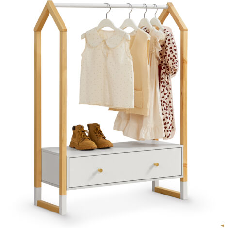 Juskys Porte-manteaux pour enfants Filla - grande tiroir, barre de vêtements, support ouvert - Armoire à vêtements en bois - Filles & Garçons - Armoire blanche