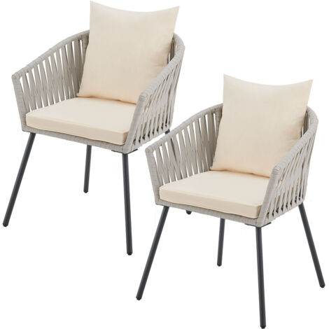 Juskys Chaises en corde 2 pièces - Chaises de jardin avec tressage en corde et coussins - résistantes aux intempéries et supportant jusqu'à 160 kg - acier avec finition en poudre - gris clair