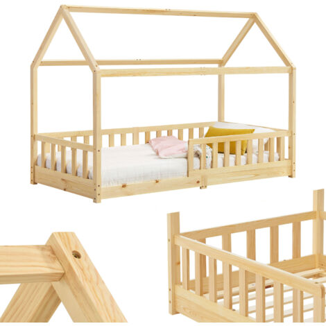 Lit pour enfant Juskys Marli 90 x 200 cm avec barrière de sécurité, sommier et toit - Lit cabane en bois massif pour enfants - Lit en nature