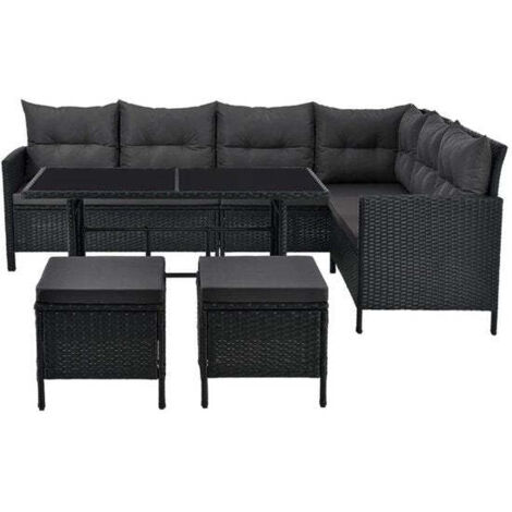 Juskys Lounge en polyrattan Manacor – Salon de jardin avec canapé, table, 2 poufs et coussins – Ensemble de mobilier de jardin jusqu’à 7 personnes – Noir, housses de siège en gris