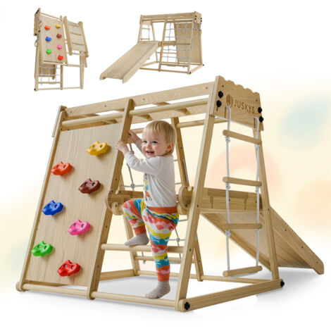 Juskys Mini Structure d'Escalade pour Enfants - Aire de Jeux Intérieure avec Toboggan, Mur d'Escalade, Filet d'Escalade et Anneaux de Gymnastique - Tour d'Escalade en Bois pliable - Nature - Petit