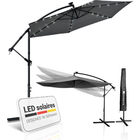 Juskys – Parasol déporté 350 cm gris – éclairage LED solaire – manivelle – protection UV – revêtement déperlant – socle en croix en acier