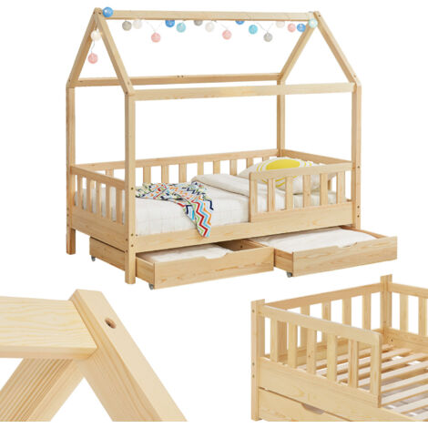 Lit pour enfants Juskys Marli 90 x 200 cm avec coffre de rangement, protection contre la chute, sommier et toit – Lit cabane en bois massif pour enfants – Lit en naturel