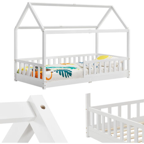 Lit pour enfant Juskys Marli 90 x 200 cm avec barrière de sécurité, sommier et toit - lit cabane en bois massif pour enfants - blanc