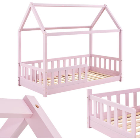 Lit pour enfant Juskys Marli 80 x 160 cm avec barrière de sécurité, sommier et toit - Lit maison pour enfants en bois massif - Lit rose