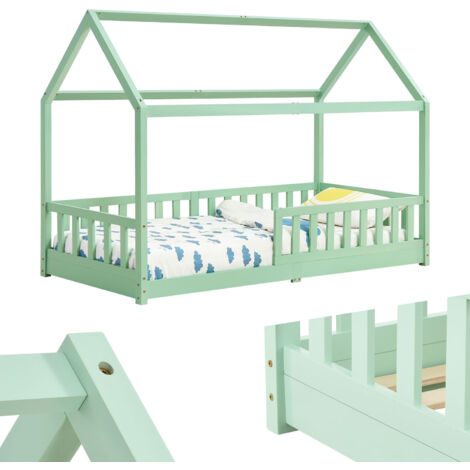 Lit pour enfant Juskys Marli 90 x 200 cm avec barrière de sécurité, sommier et toit - Lit cabane en bois massif pour enfant - Lit en menthe