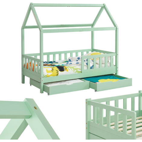 Lit pour enfant Juskys Marli 90 x 200 cm avec coffre de rangement, barrière de sécurité, sommier et toit – Lit cabane en bois massif pour enfants – Lit en menthe