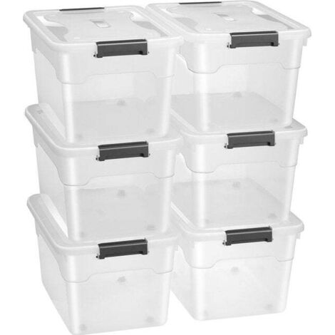 Boîte de rangement Juskys avec couvercle - Boîtes en plastique grandes, empilables, transparentes - Boîtes de rangement - Lot de 6, chacune de 45L