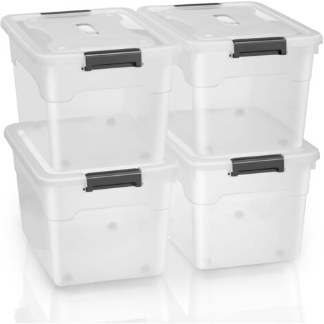 Boîte de rangement Juskys avec couvercle - Boîtes en plastique grandes, empilables, transparentes - Boîtes de rangement - Lot de 4 de 60L chacune