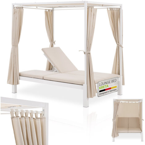 Juskys Double Canapé-Lit Kreta - Chaise longue de jardin pour 2 personnes - Toit et dossier réglables - Transat pour terrasse, jardin et balcon - Transat blanc