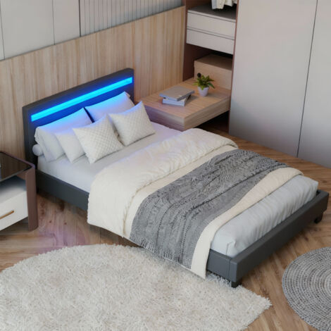 Juskys Lit d'appoint Paris – Cadre de lit avec éclairage LED, sommier et tête de lit – Lit en bois et tissu tissé – Lit pour jeunes 120 x 200 cm en gris