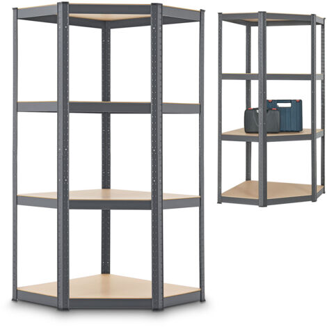 Étagère d'angle Juskys Étagère de rangement Coin Facile 160 x 75 x 40-75 cm - 320 kg, 4 niveaux MDF Bois - Métal galvanisé - Étagère robuste Étagère à emboîter Étagère de cave Grise