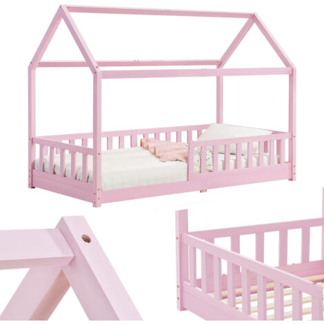 Juskys – Lit cabane pour enfants 90x200 cm en pin massif – Barrière de sécurité – Design moderne avec toit – Couleur rose