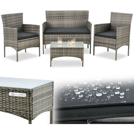 Juskys – Salon de jardin en polyrattan – Ensemble 4 pièces avec table en verre – Coussins lavables – Résistant aux intempéries – Pour balcon et terrasse