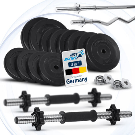 Artsport Ensemble d'haltères 3-en-1 avec 2 haltères, 1 barre longue et 1 haltère en Z curl – 12 poids jusqu'à 60 kg et fermetures en étoile – Kit d'haltères pour musculation