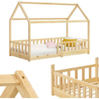 Lit pour enfant Juskys Marli 90 x 200 cm avec barrière de sécurité, sommier et toit - Lit cabane en bois massif pour enfants - Lit en nature