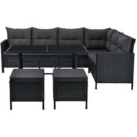 Juskys – Salon de jardin en polyrattan Manacor – Canapé d’angle, table 116x66cm, 2 poufs – Résistant aux intempéries, jusqu’à 7 personnes – Noir, coussins gris
