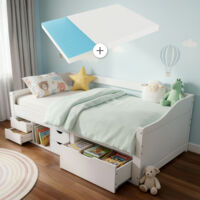 Juskys Lit de fonction Nalu 90x200 cm - Lit en bois avec matelas, sommier et tiroirs - Lit de rangement pour enfants - Lit pour adolescents, enfant - Blanc