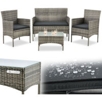 Juskys – Salon de jardin en polyrattan – Ensemble 4 pièces avec table en verre – Coussins lavables – Résistant aux intempéries – Pour balcon et terrasse