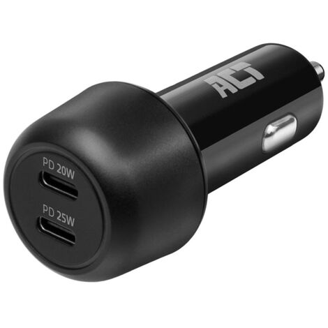 ACT USB-C Autoladegerät, 2 x USB-C, Power Delivery-Funktion für Autos und Lastwagen, gleichzeitiges schnelles Aufladen von 2 Geräten, geeignet für Apple- und Android-Smartphones, 45 W, 3 A, schwarz (1/5)