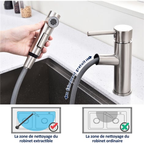 Robinet Cuisine avec Douchette Extractible Mitigeur Cuisine avec 2 Modes de Jet Mitigeur Evier avec Douchette en Acier Inoxydable Brossé