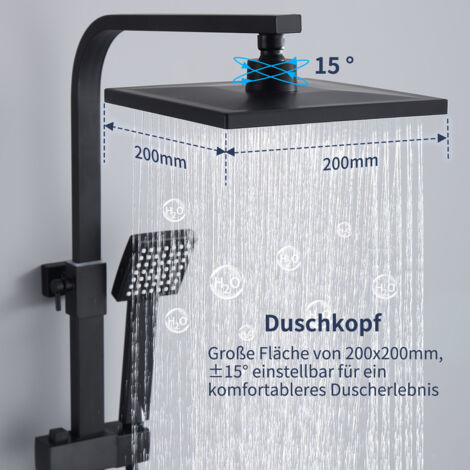 Duschsystem Schwarz Regendusche Duschset ohne Armatur mit Überkopfbrause Handbrause Duschsäule Duschsystem mit Umsteller eckig Duschsäule für Badezimmer 3 Funktions