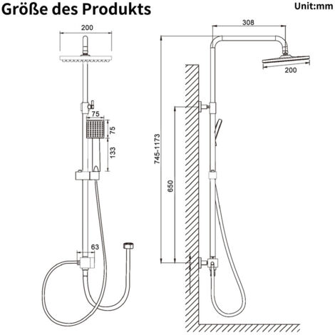 Duschsystem Schwarz Regendusche Duschset ohne Armatur mit Überkopfbrause Handbrause Duschsäule Duschsystem mit Umsteller eckig Duschsäule für Badezimmer 3 Funktions