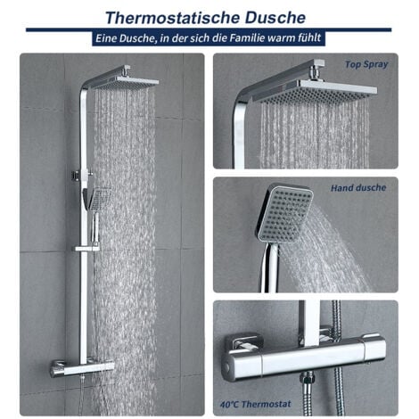 Dusche Duschsystem mit Thermostat Regendusche 2 Funktionen Duschset Edelstahl Duschsäule mit Kopfbrause, Handbrause und Verstellbarer Duschstange Duscharmatur Anti-Verbrühungs-Duschsystem