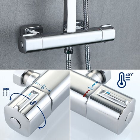 Dusche Duschsystem mit Thermostat Regendusche 2 Funktionen Duschset Edelstahl Duschsäule mit Kopfbrause, Handbrause und Verstellbarer Duschstange Duscharmatur Anti-Verbrühungs-Duschsystem