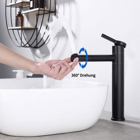 Waschtischarmatur Bad Schwarz Mischbatterie Bad Hoch 360° Drehbar Mischbatterie mit 50 Kalt/Warmwasser Anschluss, Wasserhahn bad hoch für Waschbecke