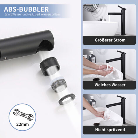Waschtischarmatur Bad Schwarz Mischbatterie Bad Hoch 360° Drehbar Mischbatterie mit 50 Kalt/Warmwasser Anschluss, Wasserhahn bad hoch für Waschbecke