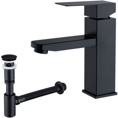 Badarmatur mit Pop-Up Ablaufventil und Universal Siphon für Waschbecken Wasserhahn Bad Schwarz Waschtischarmatur mit Ablaufgarnitur 1 1/4 Zoll Messing Ventil Ablauf, Schwarz