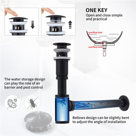 Badarmatur mit Pop-Up Ablaufventil und Universal Siphon für Waschbecken Wasserhahn Bad Schwarz Waschtischarmatur mit Ablaufgarnitur 1 1/4 Zoll Messing Ventil Ablauf, Schwarz