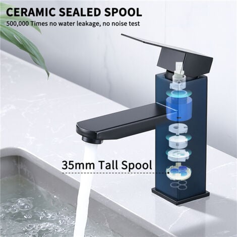 Badarmatur mit Pop-Up Ablaufventil und Universal Siphon für Waschbecken Wasserhahn Bad Schwarz Waschtischarmatur mit Ablaufgarnitur 1 1/4 Zoll Messing Ventil Ablauf, Schwarz
