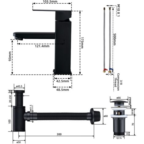 Badarmatur mit Pop-Up Ablaufventil und Universal Siphon für Waschbecken Wasserhahn Bad Schwarz Waschtischarmatur mit Ablaufgarnitur 1 1/4 Zoll Messing Ventil Ablauf, Schwarz