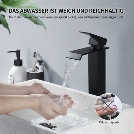 Wasserhahn Bad Wasserfall Badarmaturen Schwarz Waschbecken Armatur Waschtischarmatur Hoch Einhandmischer Mischbatterie für Badzimmer Schwarz
