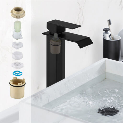 Wasserhahn Bad Wasserfall Badarmaturen Schwarz Waschbecken Armatur Waschtischarmatur Hoch Einhandmischer Mischbatterie für Badzimmer Schwarz