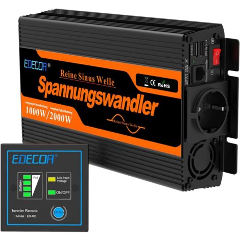 Edecoa – Convertisseur de tension 12V 1000W – Onduleur sinusoïdal pur avec télécommande – 2 ports USB 5V 2.1A – Protection survoltage et surchauffe