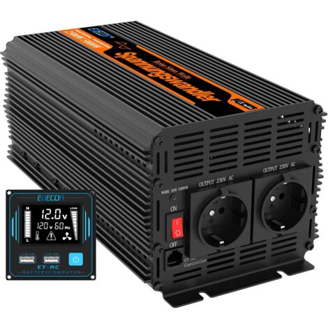 Edecoa – Convertisseur de tension 12V à 220V 3000W – Onde sinusoïdale modifiée – Télécommande et 2 ports USB – Compatible panneaux solaires