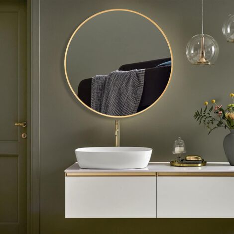 CASSILANDO Espejo Redondo Dorado, Espejo de Pared Redondo de 80 cm, Espejo de Baño Grande, Espejo de Cortesía en la Pared Sobre el Lavabo para Sala de Estar, Inodoro, Entrada, Decoración