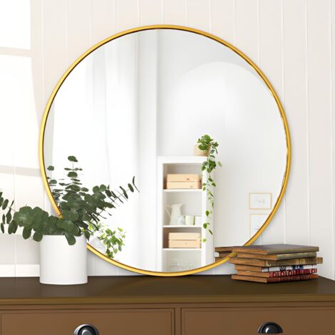 CASSILANDO Espejo Redondo Dorado, Espejo de Pared Redondo de 80 cm, Espejo de Baño Grande, Espejo de Cortesía en la Pared Sobre el Lavabo para Sala de Estar, Inodoro, Entrada, Decoración