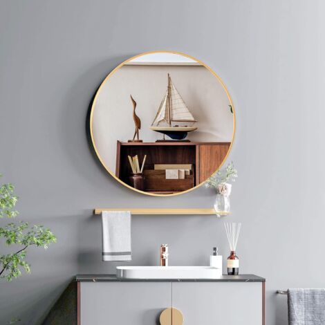 CASSILANDO Espejo Redondo Dorado, Espejo de Pared Redondo de 80 cm, Espejo de Baño Grande, Espejo de Cortesía en la Pared Sobre el Lavabo para Sala de Estar, Inodoro, Entrada, Decoración