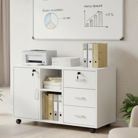 H.J WeDoo Armoire de bureau à roulettes avec roulettes, armoire de classement mobile verrouillable avec 3 tiroirs, espace de rangement fermé et ouvert, armoire sous bureau, pour lettres A4, classeurs